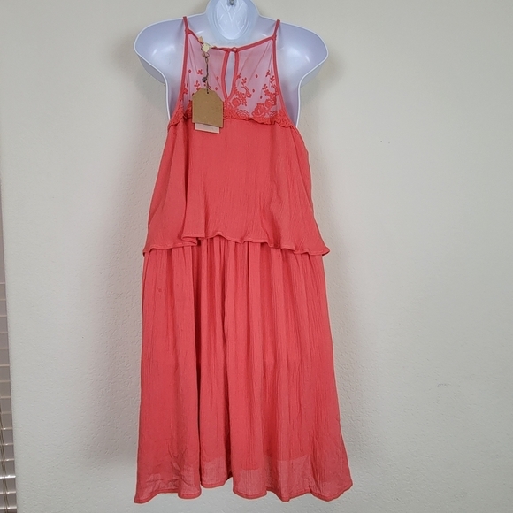 Kori Halter Style Embroidered Mesh Tiered Top Coral Pink Sleeveless Size Small - Picture 6 of 11